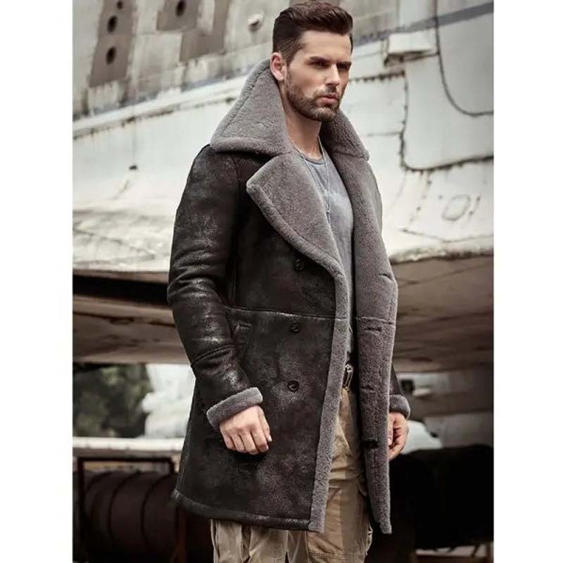Men's Black Sheepskin Leather B7 Bomber Coat With Faux Shearling Lining