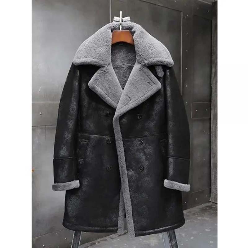 Men's Black Sheepskin Leather B7 Bomber Coat With Faux Shearling Lining