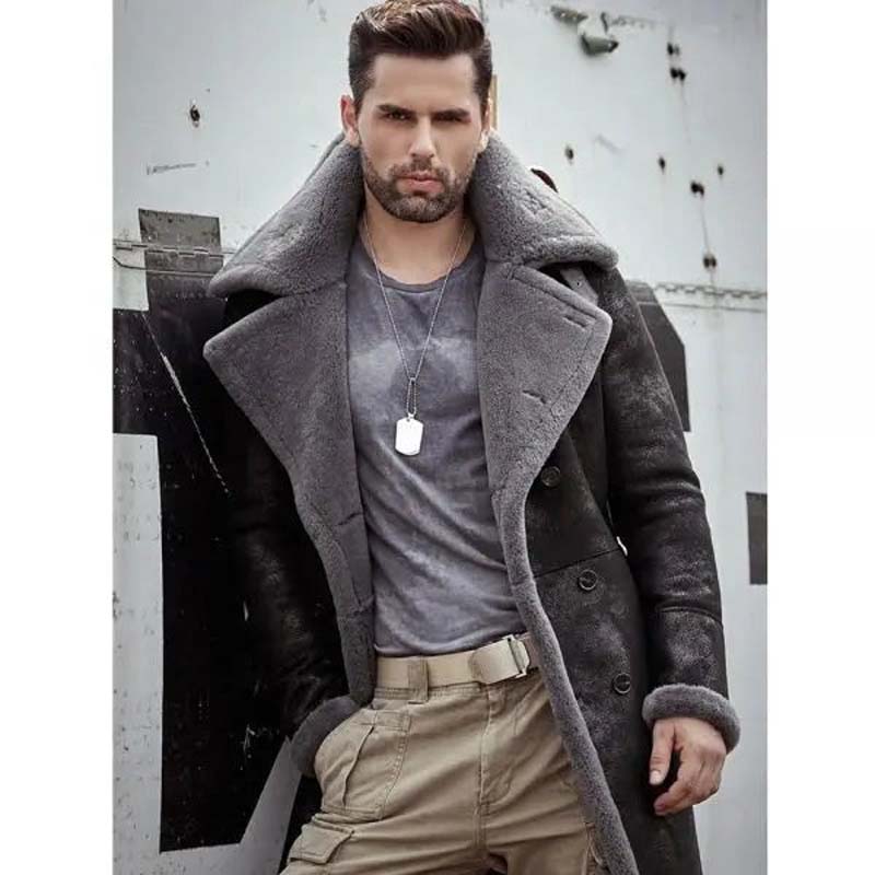 Men's Black Sheepskin Leather B7 Bomber Coat With Faux Shearling Lining