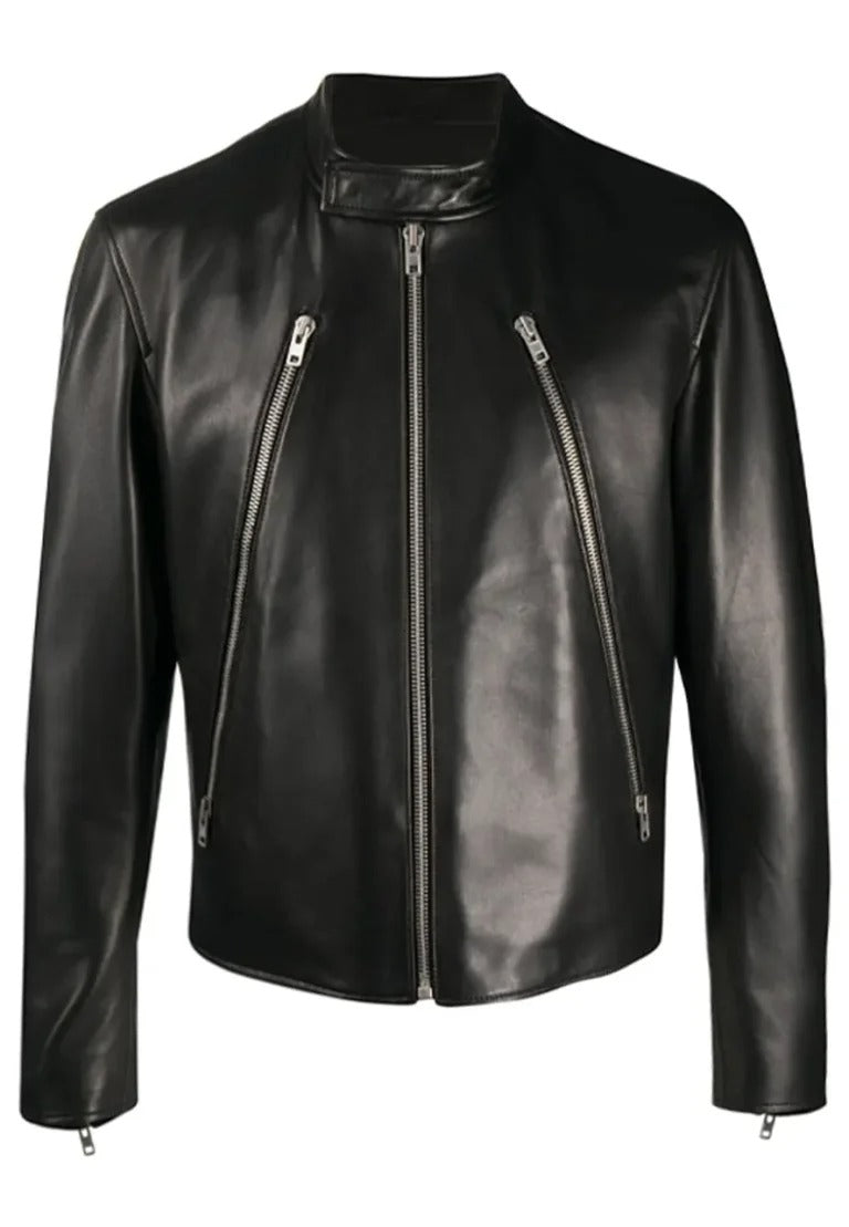 Men’s Black Biker Zipper Leather Jacket – Slim Fit Moto Street Style