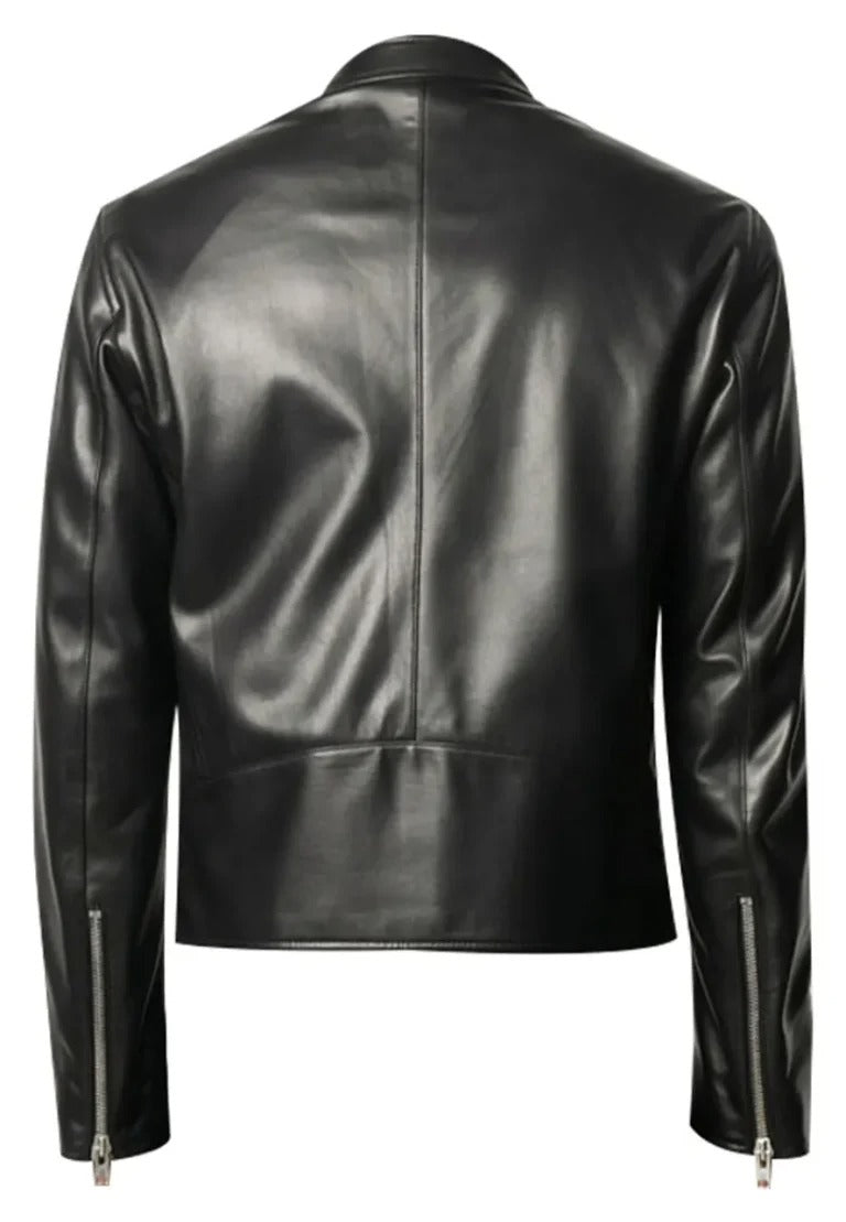 Men’s Black Biker Zipper Leather Jacket – Slim Fit Moto Street Style