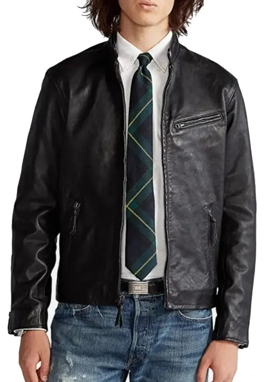 Men’s Black Café Racer Leather Moto Jacket – Sleek Speed Meets Classic Style