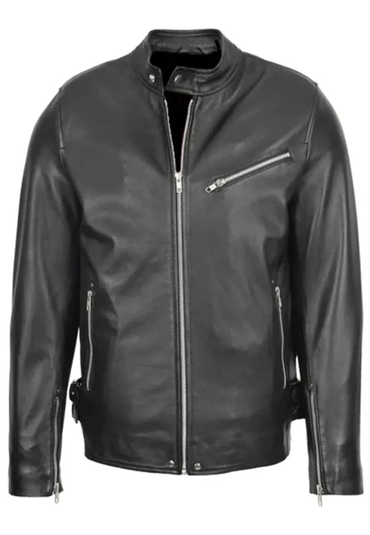 Men’s Black Cafe Racer Leather Biker Jacket – Classic, Rugged & Timeless