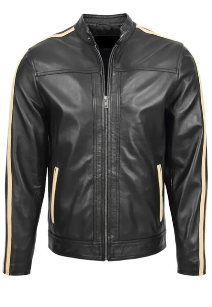Men’s Black Leather Racing Jacket with Off-White Stripes – Sleek, Fast & Fearless