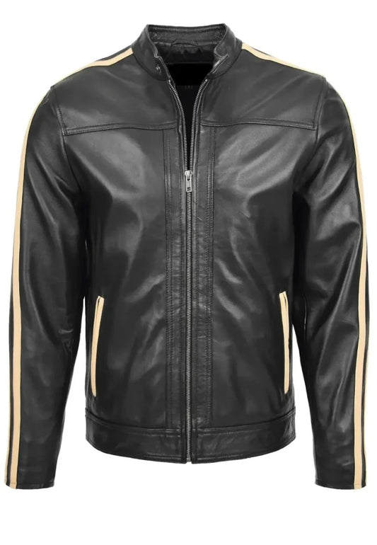 Men’s Black Leather Racing Jacket with Off-White Stripes – Sleek, Fast & Fearless