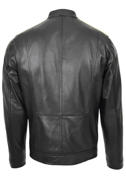 Men’s Black Leather Racing Jacket with Off-White Stripes – Sleek, Fast & Fearless