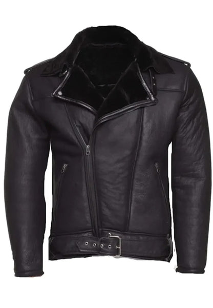 Men’s Black Leather Shearling Biker Jacket with Belt – Classic Edge & Warmth Combined