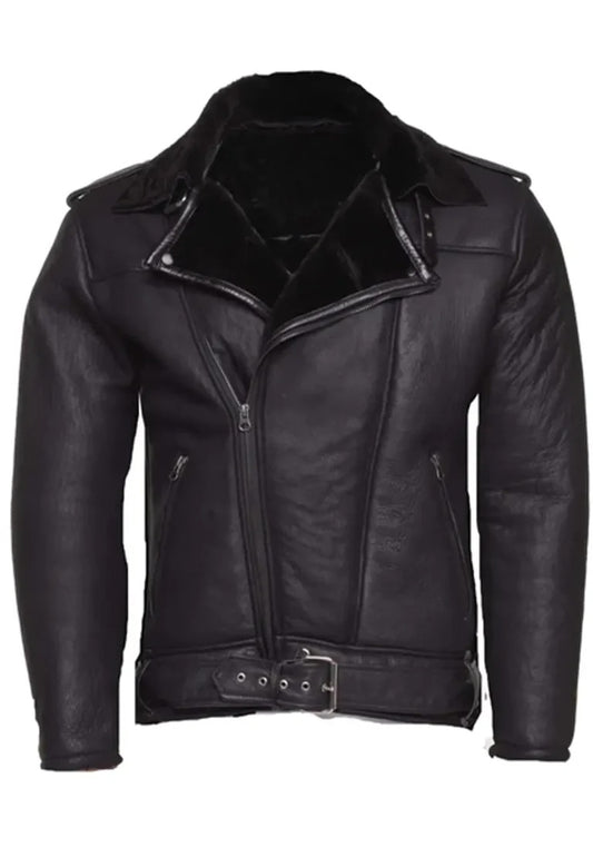 Men’s Black Leather Shearling Biker Jacket with Belt – Classic Edge & Warmth Combined