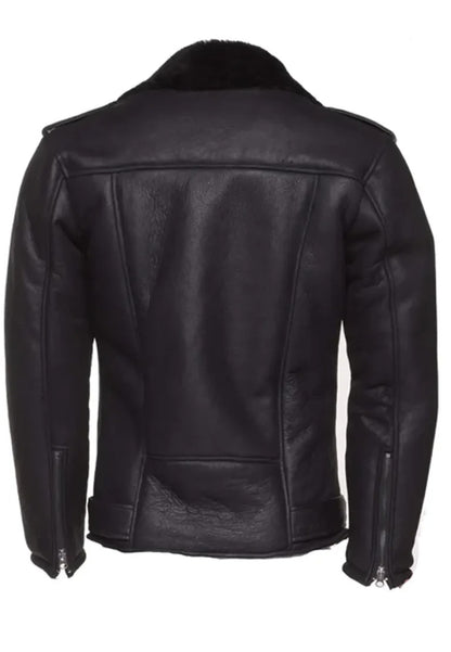 Men’s Black Leather Shearling Biker Jacket with Belt – Classic Edge & Warmth Combined