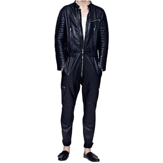 Men's Black Lambskin Leather Jumpsuit with Front Zipper Biker Style