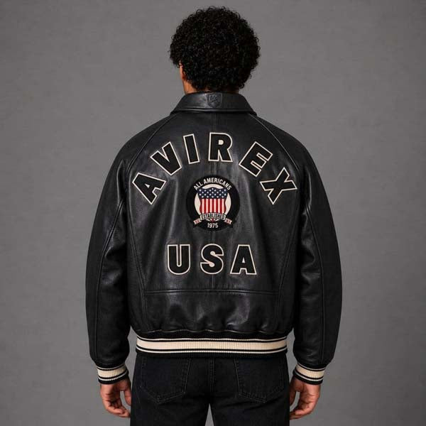 Men's Black Genuine Leather Bomber Jacket with Avirex USA Patch