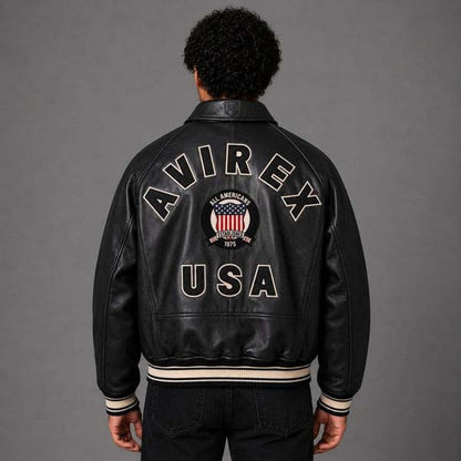 Men's Black Genuine Leather Bomber Jacket with Avirex USA Patch
