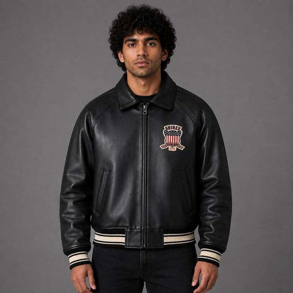 Men's Black Genuine Leather Bomber Jacket with Avirex USA Patch