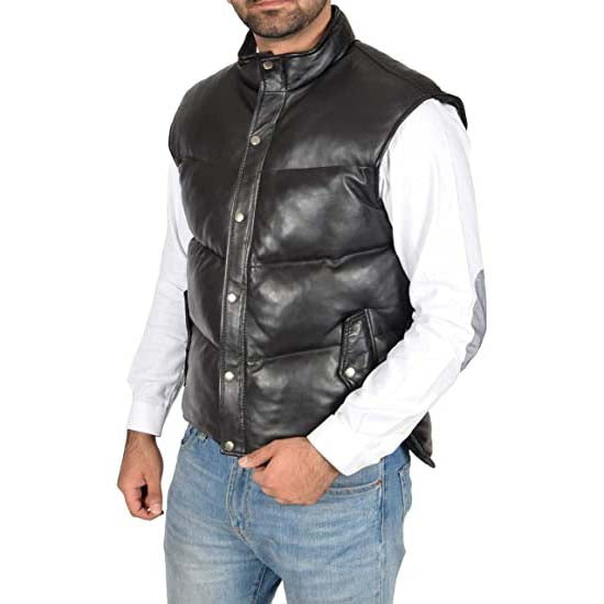Men's Black Sheepskin Leather Puffer Vest with Turtle Neck Zip Closure