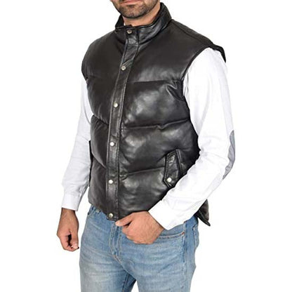 Men's Black Sheepskin Leather Puffer Vest with Turtle Neck Zip Closure