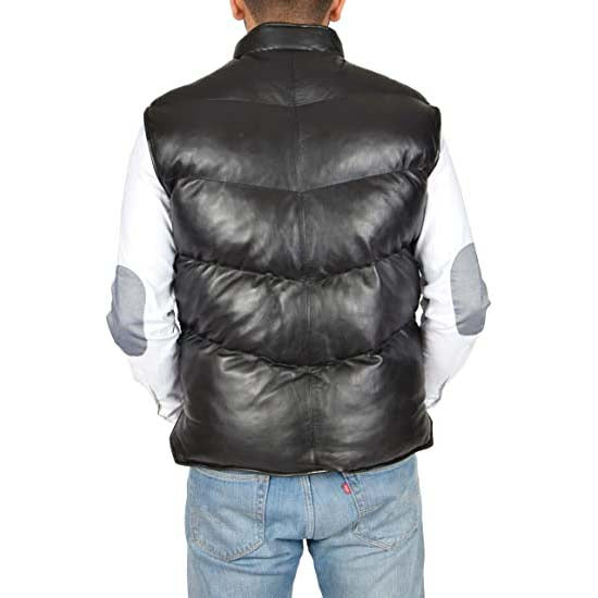 Men's Black Sheepskin Leather Puffer Vest with Turtle Neck Zip Closure