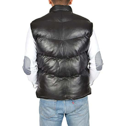 Men's Black Sheepskin Leather Puffer Vest with Turtle Neck Zip Closure