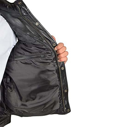 Men's Black Sheepskin Leather Puffer Vest with Turtle Neck Zip Closure