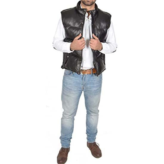 Men's Black Sheepskin Leather Puffer Vest with Turtle Neck Zip Closure