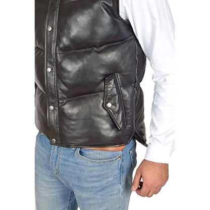 Men's Black Sheepskin Leather Puffer Vest with Turtle Neck Zip Closure