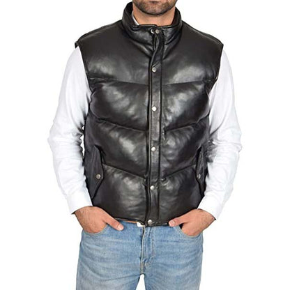 Men's Black Sheepskin Leather Puffer Vest with Turtle Neck Zip Closure