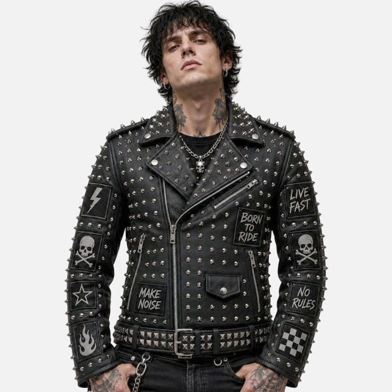 Stylish black skull biker jacket for men with heavy silver studs and punk fashion design
