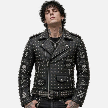 Stylish black skull biker jacket for men with heavy silver studs and punk fashion design