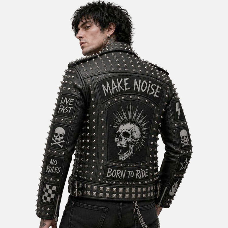 Premium studded skull leather jacket for men with gothic biker inspired patch detailing