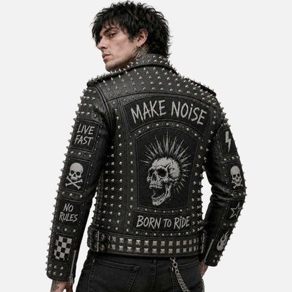 Premium studded skull leather jacket for men with gothic biker inspired patch detailing
