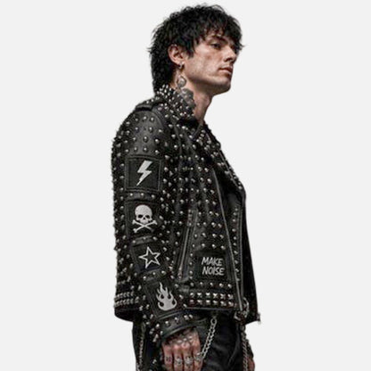 Affordable black punk biker jacket for men with cone spikes and rebellious skull artwork