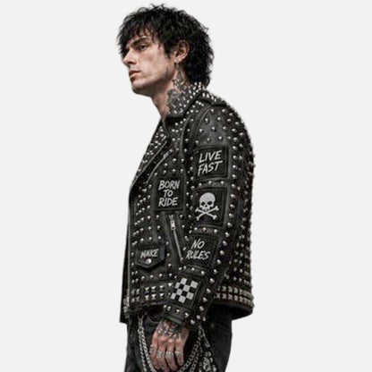 Buy men’s black studded skull moto jacket with gothic punk style and statement biker design