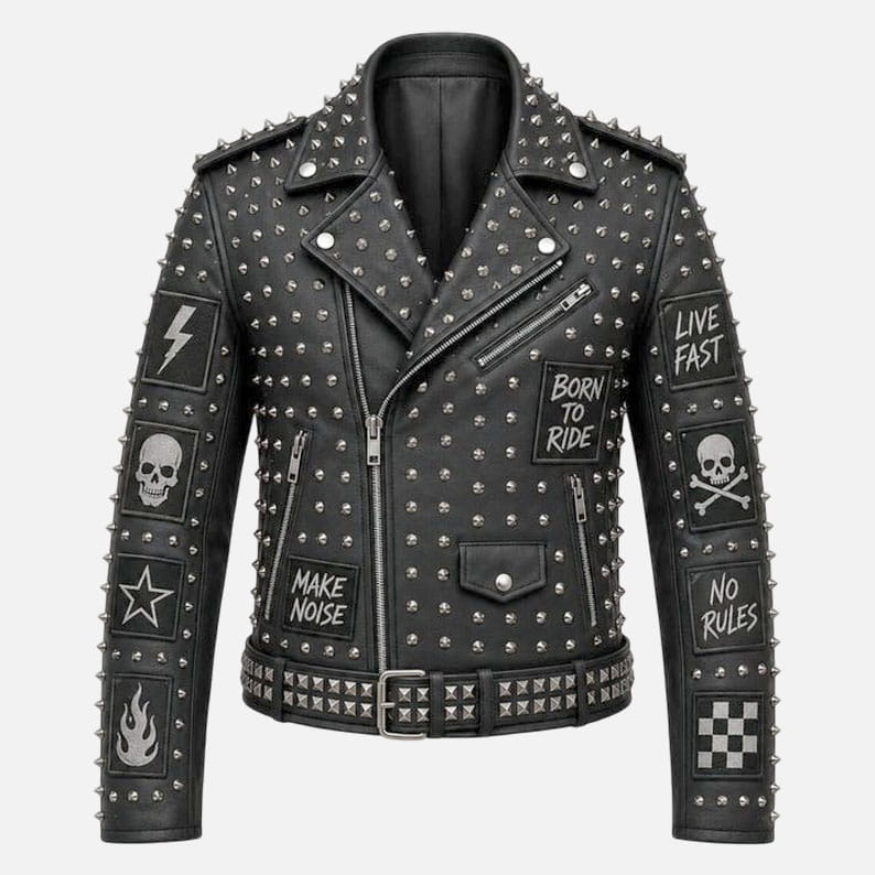 New men’s black studded skull leather biker jacket with punk rock patch artwork and silver spikes