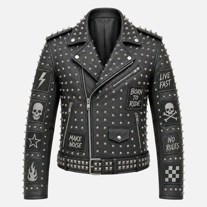 New men’s black studded skull leather biker jacket with punk rock patch artwork and silver spikes