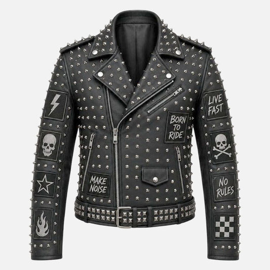 New men’s black studded skull leather biker jacket with punk rock patch artwork and silver spikes