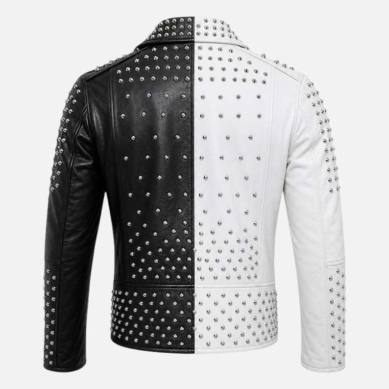 Best studded moto jacket for men in black and white genuine leather design