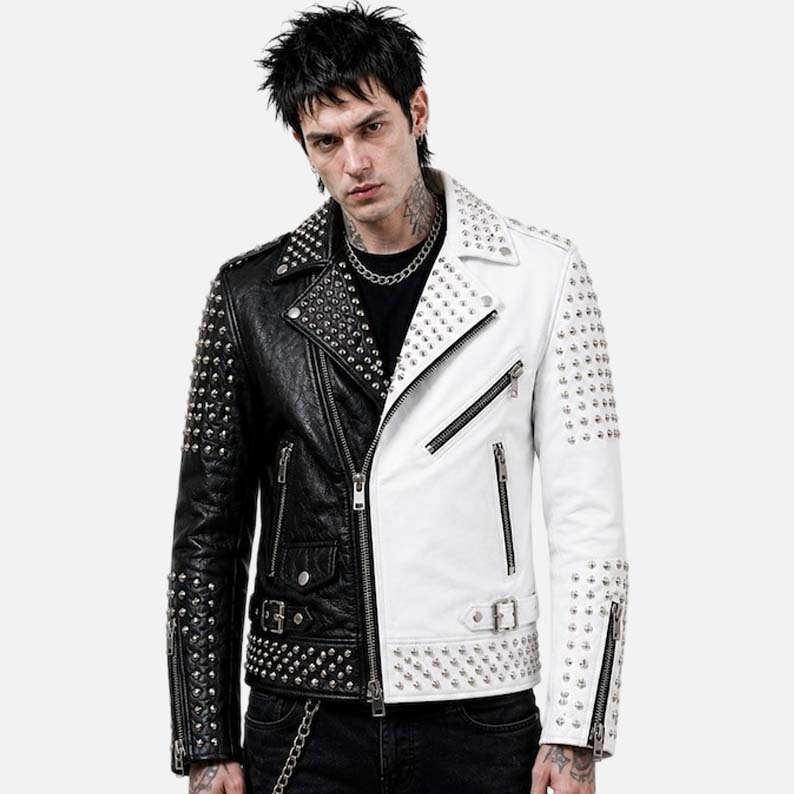 Stylish black and white leather biker jacket for men with hand set stud detailing