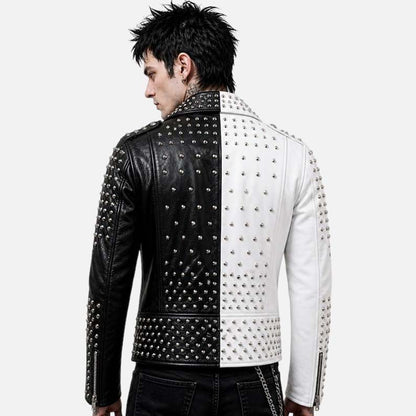 Premium men’s studded moto leather jacket with quilted biker panels and asymmetrical zip closure