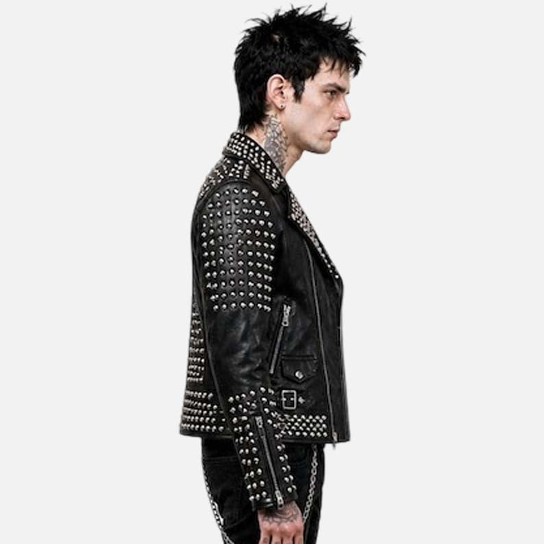 Affordable black and white studded biker jacket for men with bold rocker inspired style