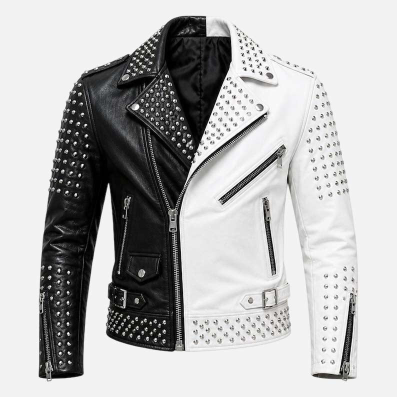 New men’s black and white studded leather biker jacket with premium moto style and silver hardware