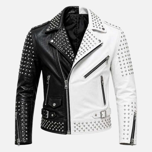 New men’s black and white studded leather biker jacket with premium moto style and silver hardware