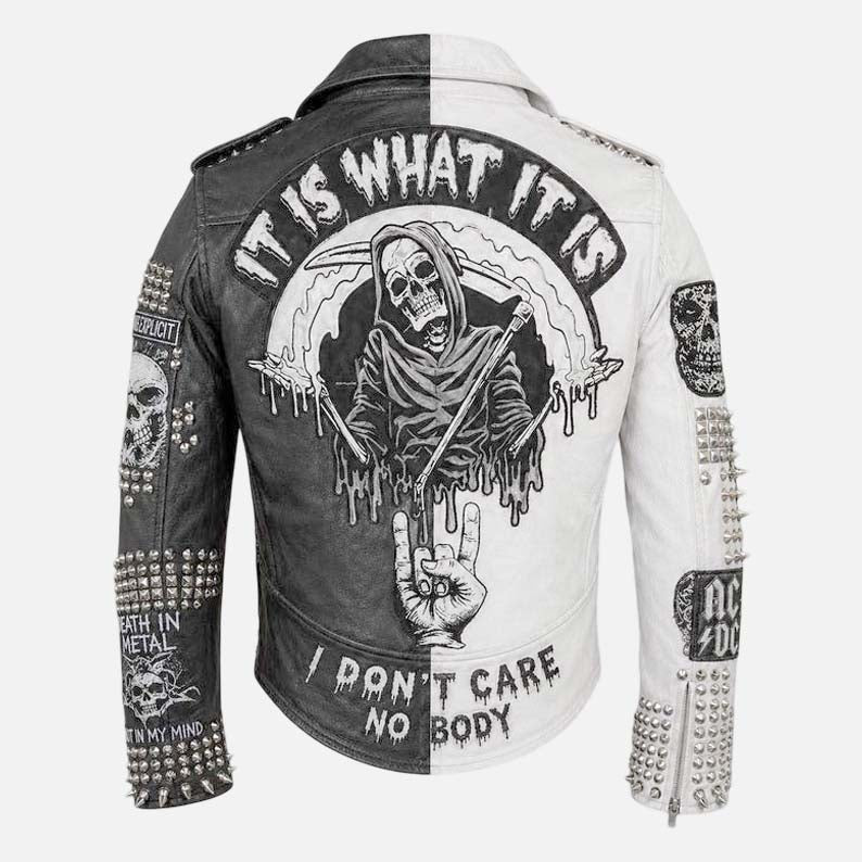 Best skull studded moto jacket for men with black and white biker fashion design