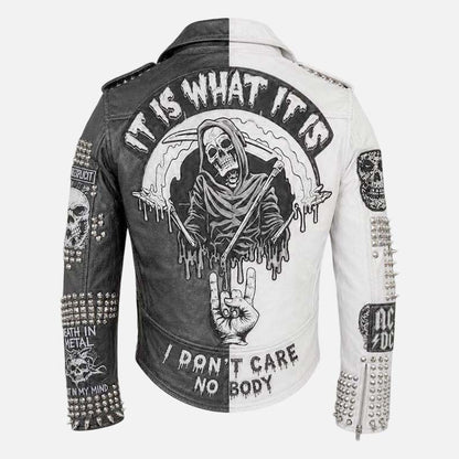 Best skull studded moto jacket for men with black and white biker fashion design