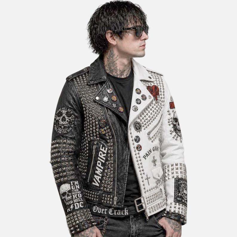 Stylish men’s black and white skull biker jacket with silver spike detailing and chain accent