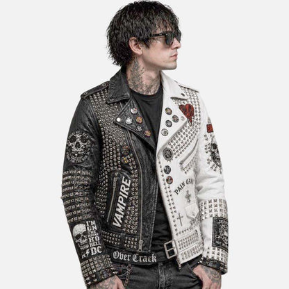 Stylish men’s black and white skull biker jacket with silver spike detailing and chain accent