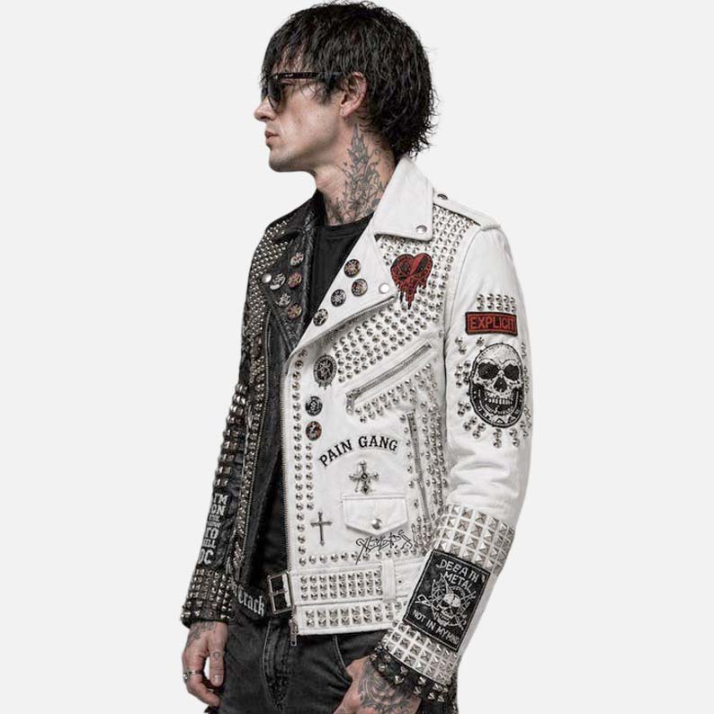 Premium studded skull leather biker jacket for men with asymmetrical moto zip closure
