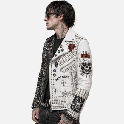 Premium studded skull leather biker jacket for men with asymmetrical moto zip closure