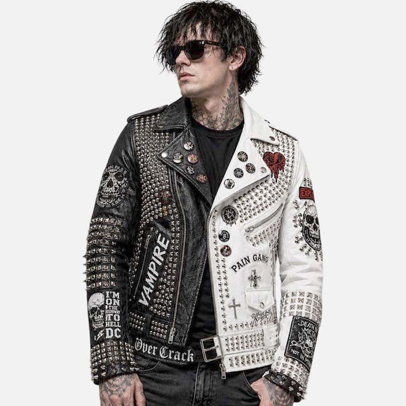 Affordable men’s skull moto leather jacket with silver spikes and biker inspired styling