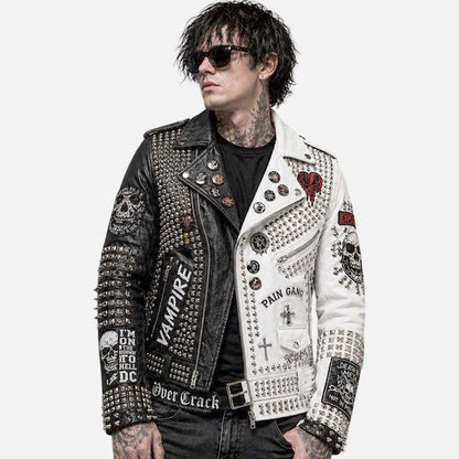 Affordable men’s skull moto leather jacket with silver spikes and biker inspired styling