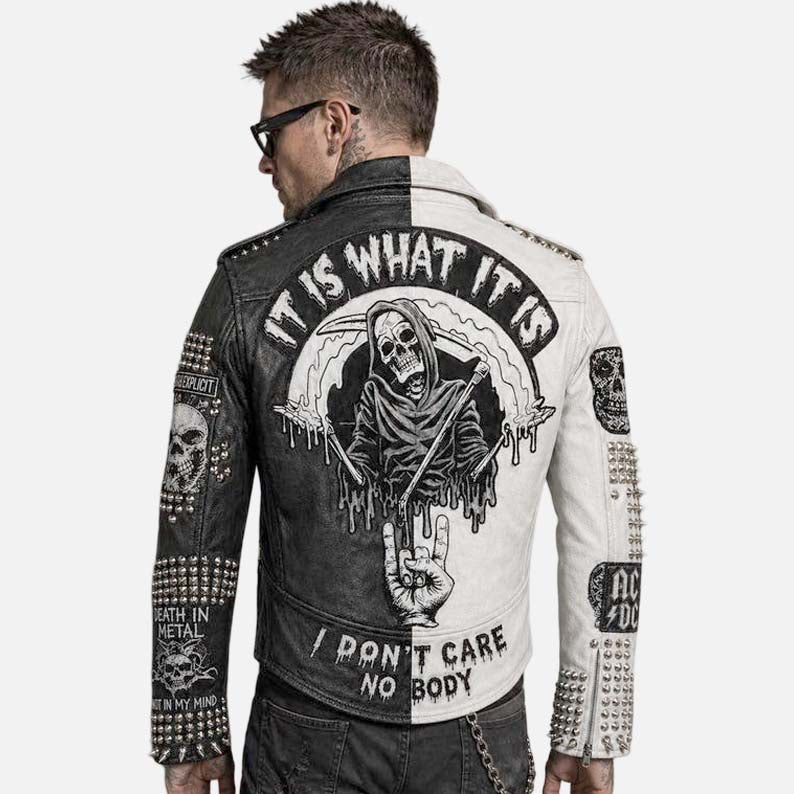 Buy men’s black and white studded skull biker jacket in genuine cowhide leather with statement fashion appeal