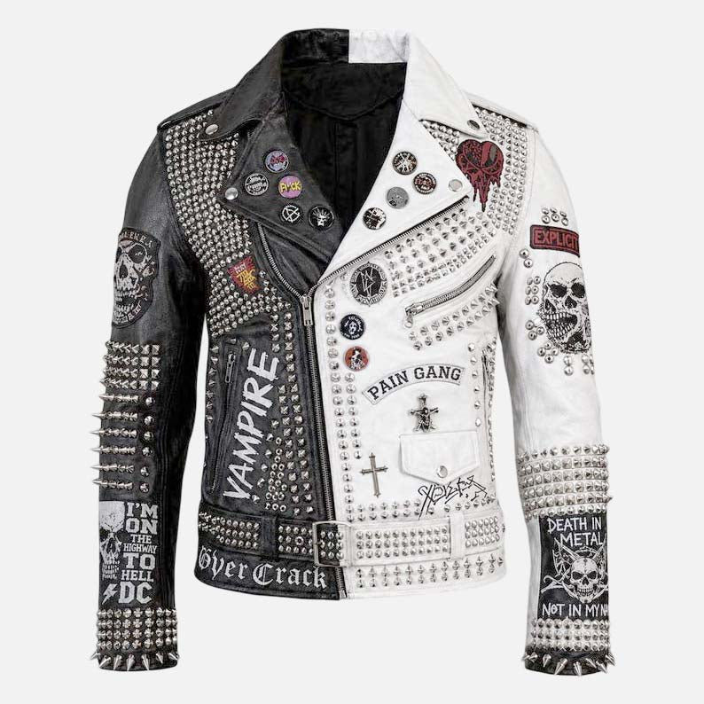 New men’s black and white studded skull leather biker jacket with silver spikes and bold moto style